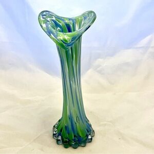 Hand Blown Stretch Glass Vase Jack In The Pulpit Blue Green, EUC